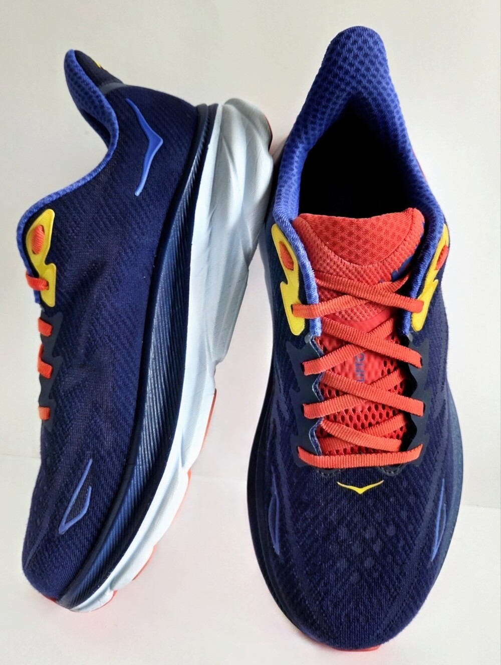 Hoka (8 Wide) Clifton 9 Road Running Shoes, Navy Blue Orange & Yellow - Picture 15 of 15